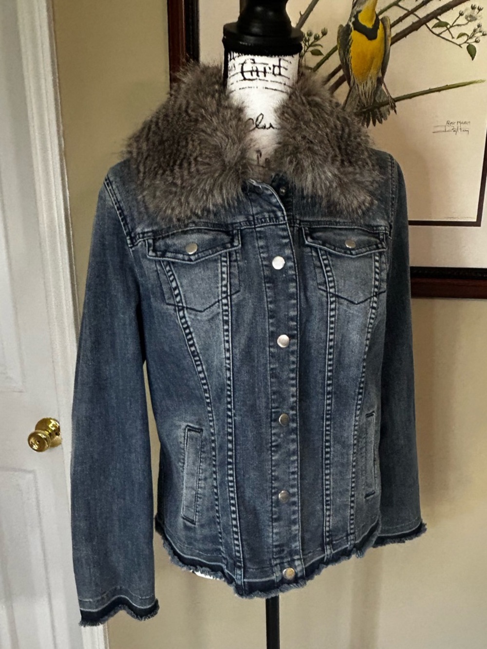 Chico’s Denim Jacket with Removable Faux Fur Collar Size 1 Medium/Large (10)